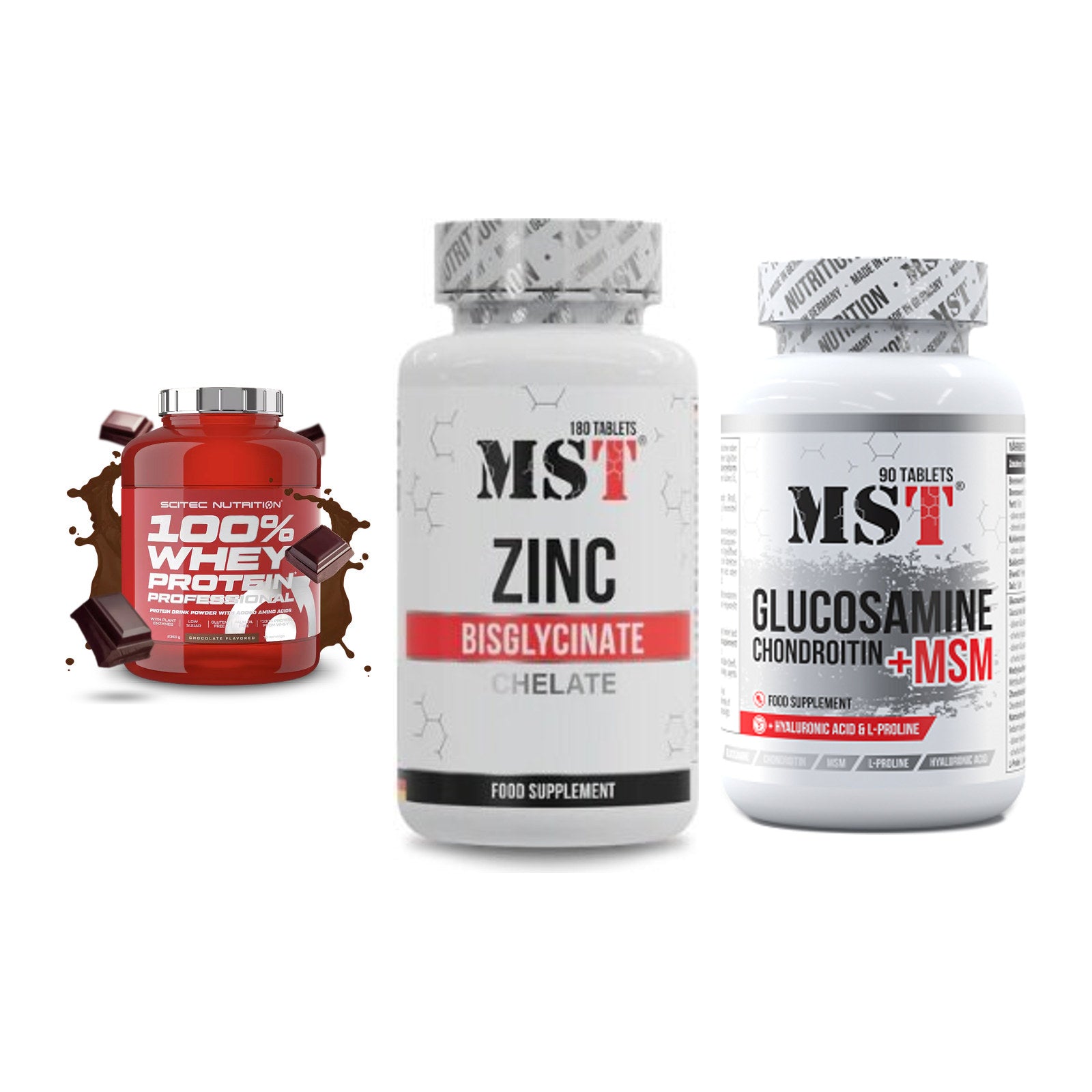 Regenerations-Set: Scitec 100% + MST Zinc + MST Glucosamine – alle enthaltenen Artikel