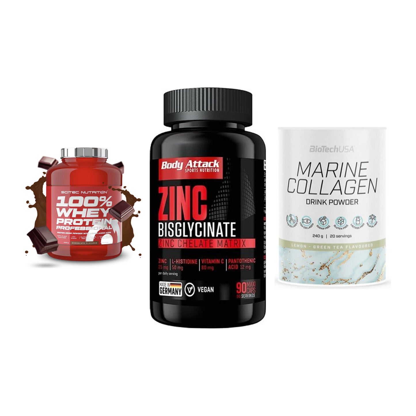 Regenerations-Set: Scitec 100% + Body Attack + BioTech Marine – alle enthaltenen Artikel