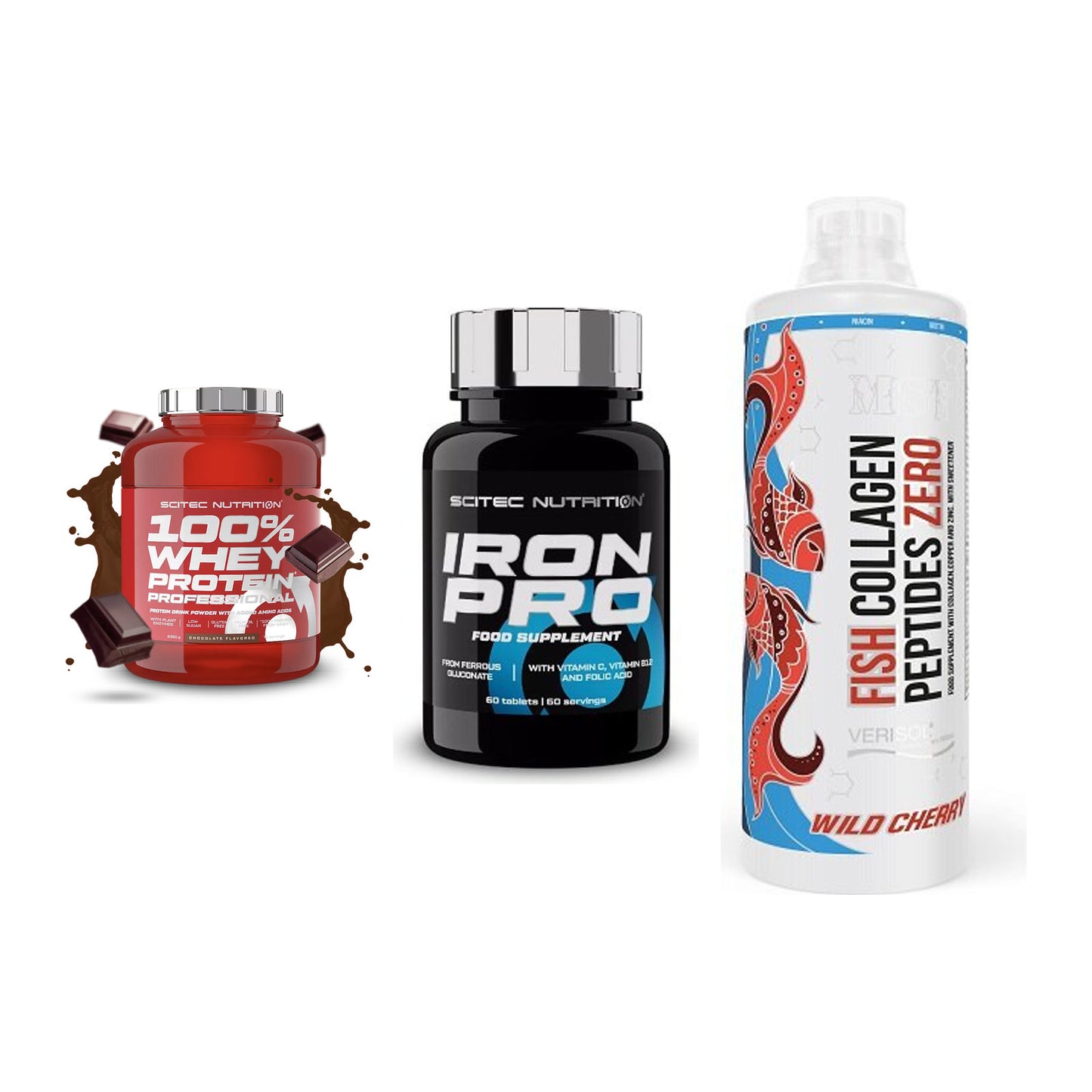 Regenerations-Set: Scitec 100% + Scitec Iron Pro + MST Fish – alle enthaltenen Artikel