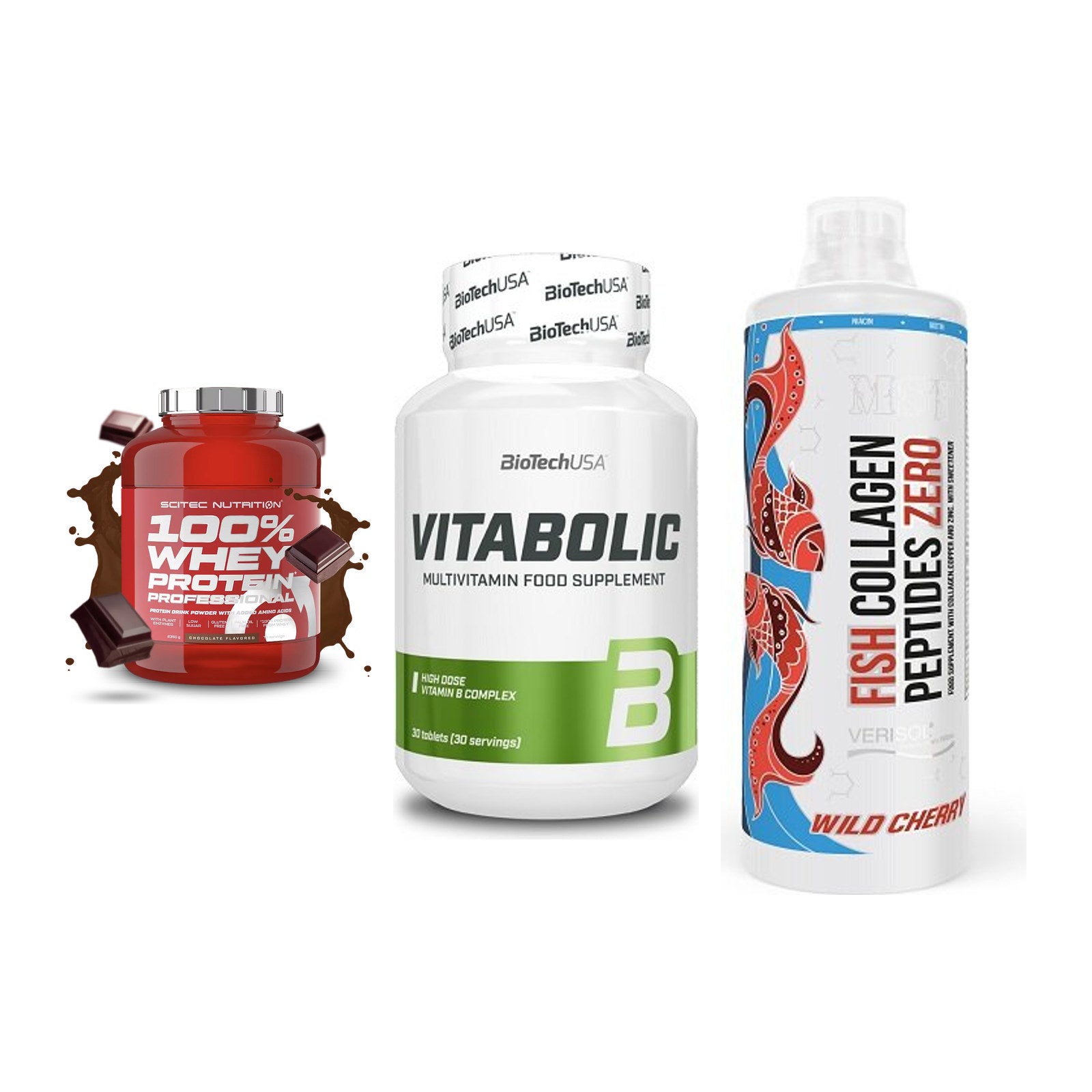 Regenerations-Set: Scitec 100% + BioTech Vitabol + MST Fish – alle enthaltenen Artikel