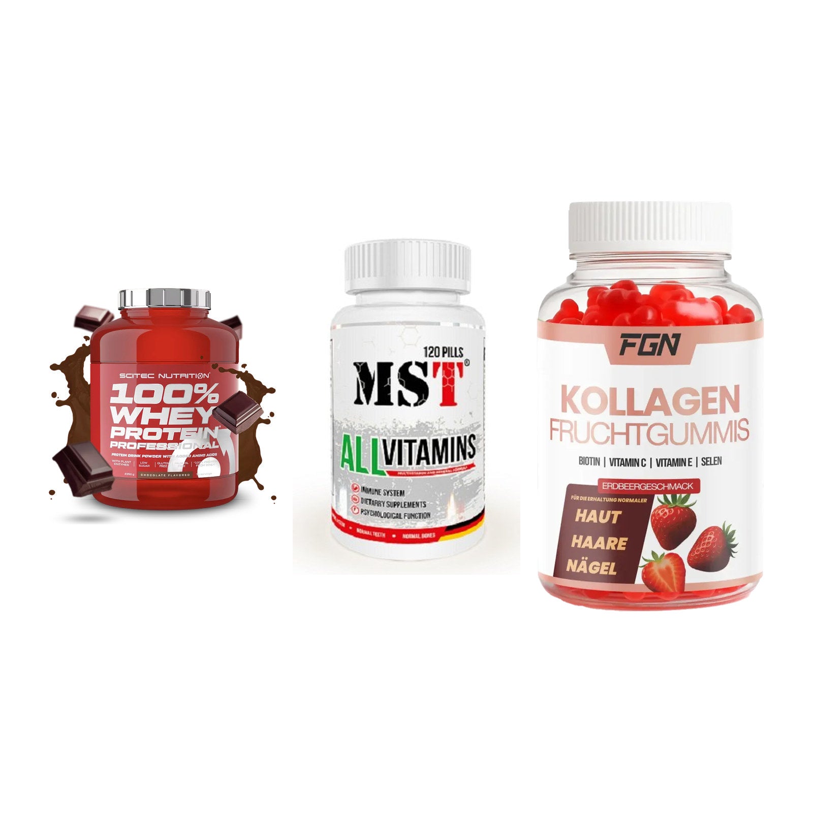 Regenerations-Set: Scitec 100% + MST All Vitamin + FGN Kollagen 60 – alle enthaltenen Artikel