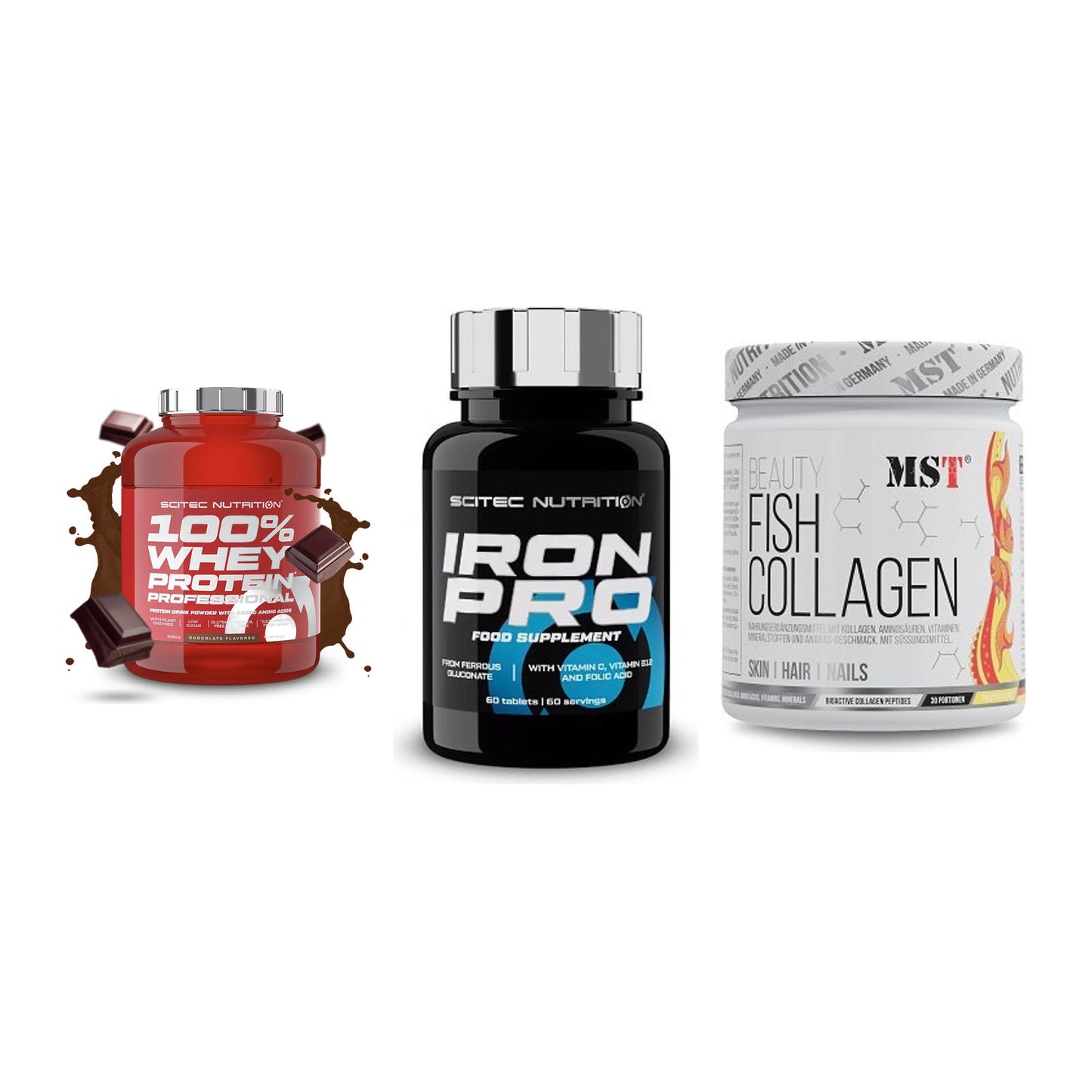 Regenerations-Set: Scitec 100% + Scitec Iron Pro + MST Beauty Fish – alle enthaltenen Artikel