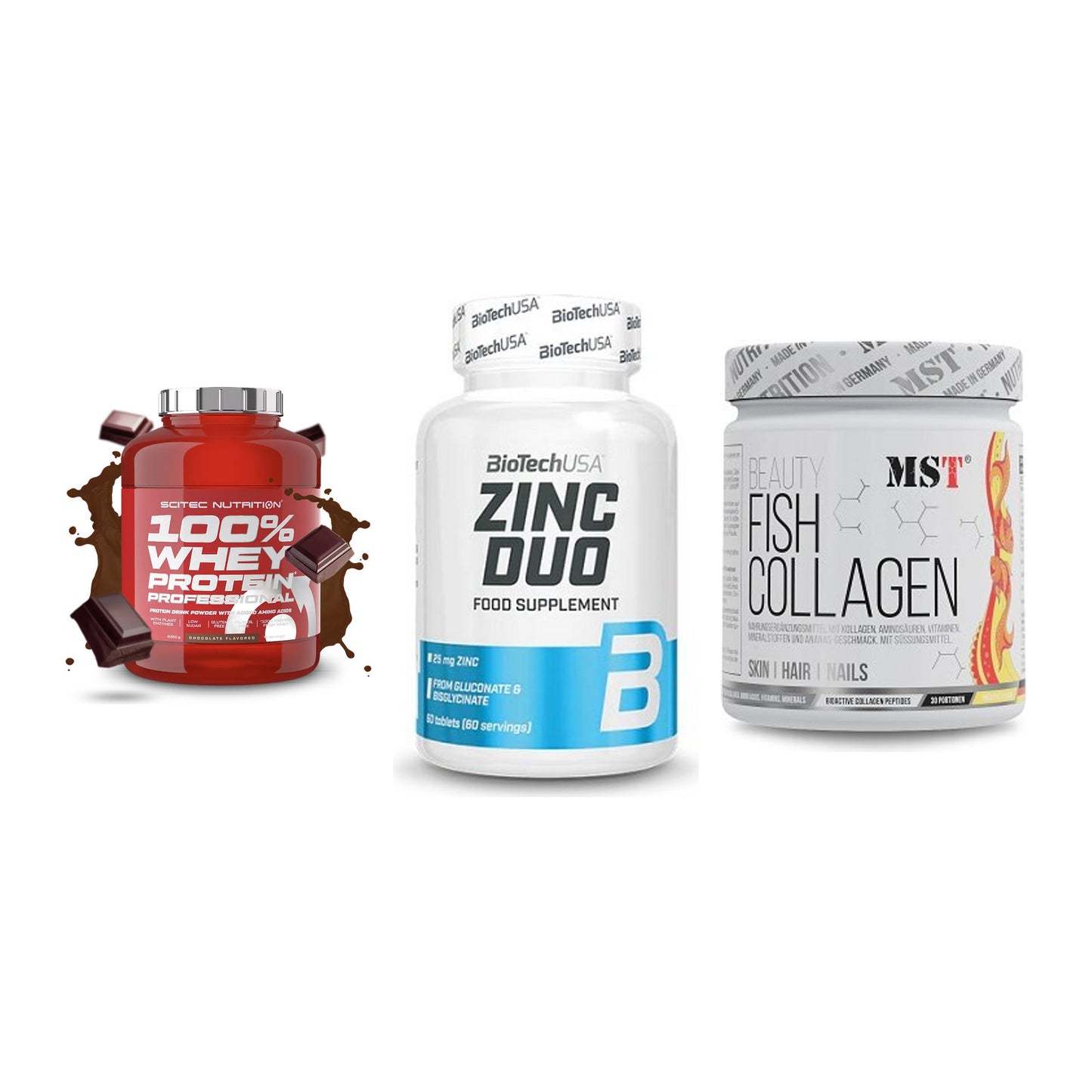 Regenerations-Set: Scitec 100% + BioTech Zinc + MST Beauty Fish – alle enthaltenen Artikel
