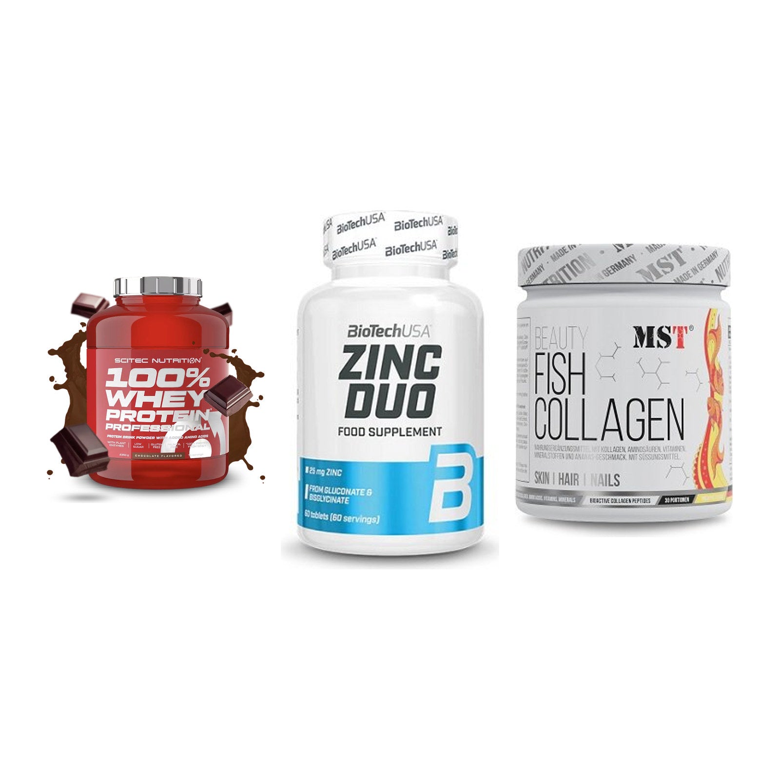 Regenerations-Set: Scitec 100% + BioTech Zinc + MST Beauty Fish – alle enthaltenen Artikel