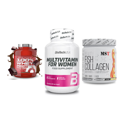 Regenerations-Set: Scitec 100% + BioTech Multivi + MST Beauty Fish – alle enthaltenen Artikel
