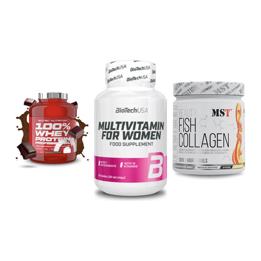 Regenerations-Set: Scitec 100% + BioTech Multivi + MST Beauty Fish – alle enthaltenen Artikel