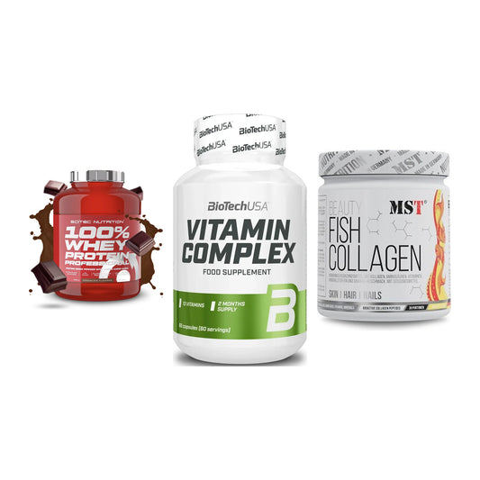 Regenerations-Set: Scitec 100% + BioTech Vitamin + MST Beauty Fish – alle enthaltenen Artikel