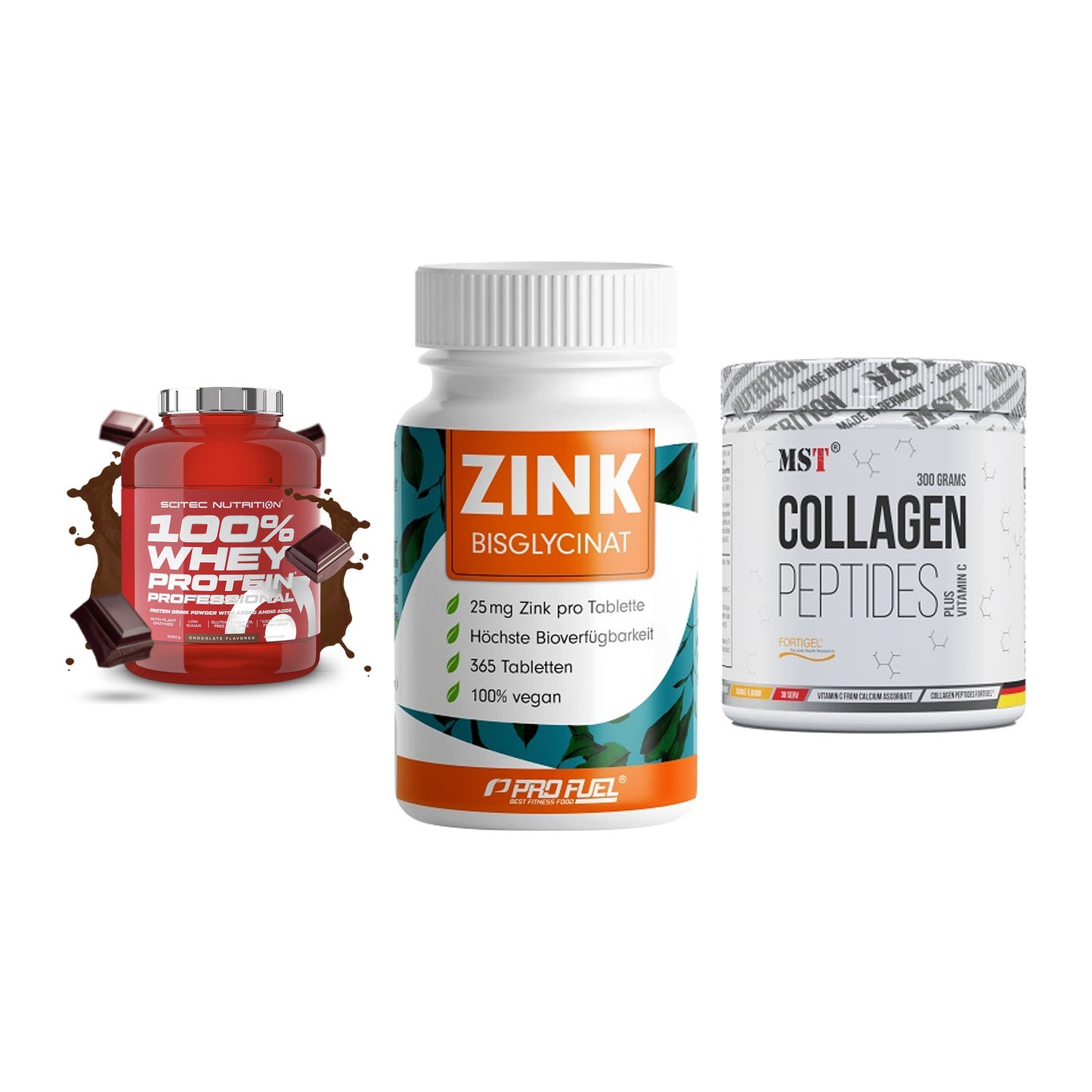 Regenerations-Set: Scitec 100% + ProFuel Zink + MST Collagen – alle enthaltenen Artikel