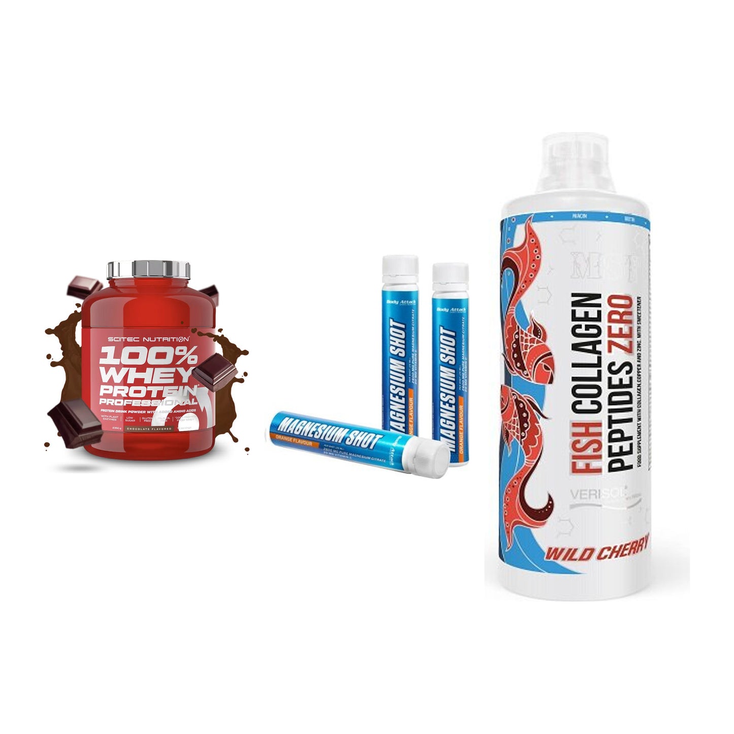 Regenerations-Set: Scitec 100% + Body Attack + MST Fish – alle enthaltenen Artikel
