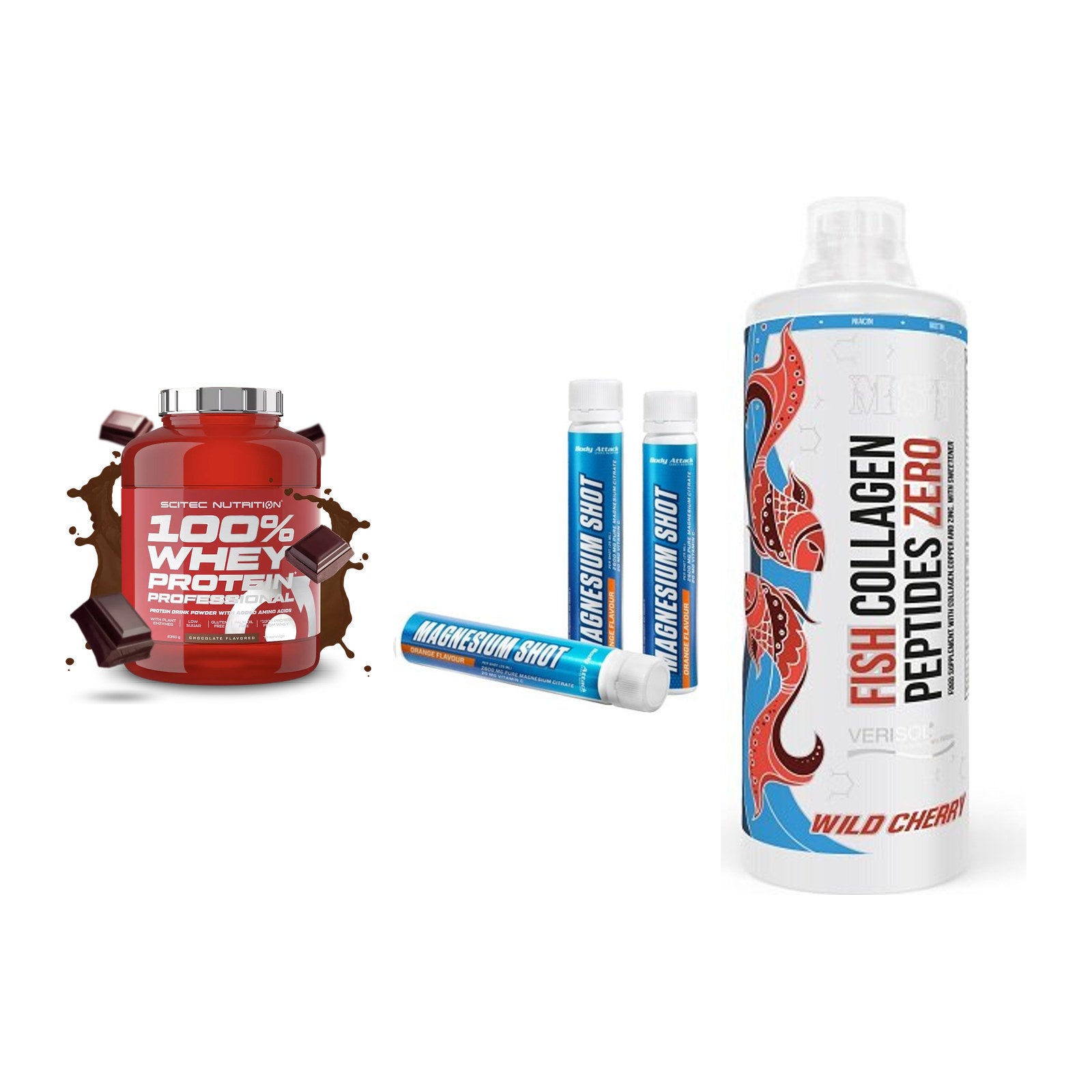 Regenerations-Set: Scitec 100% + Body Attack + MST Fish – alle enthaltenen Artikel