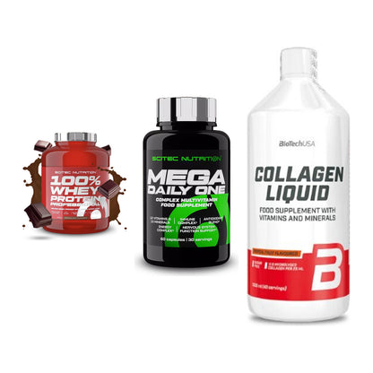 Regenerations-Set: Scitec 100% + Scitec Mega + BioTech Collage – alle enthaltenen Artikel