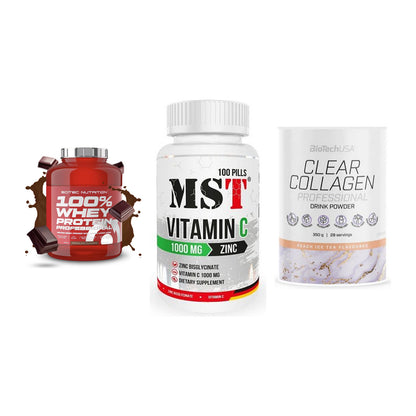 Regenerations-Set: Scitec 100% + MST Vitamin C + BioTech Clear – alle enthaltenen Artikel