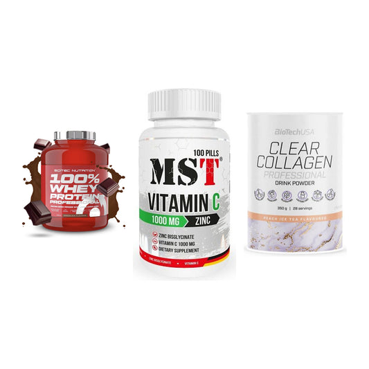 Regenerations-Set: Scitec 100% + MST Vitamin C + BioTech Clear – alle enthaltenen Artikel