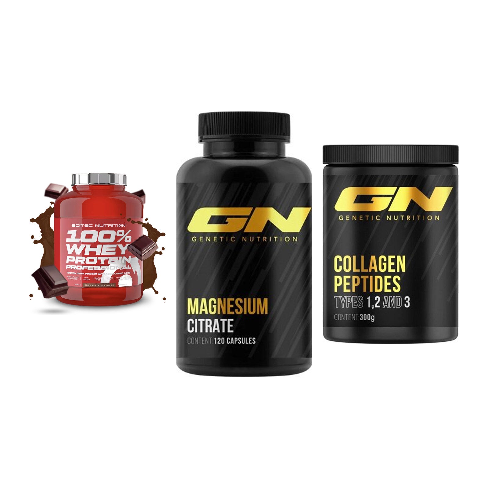 Regenerations-Set: Scitec 100% + GN Magnesium + GN Peptan – alle enthaltenen Artikel