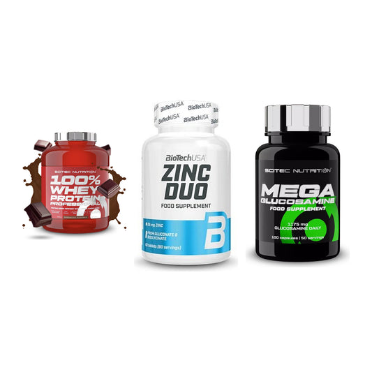 Regenerations-Set: Scitec 100% + BioTech Zinc + Scitec Mega – alle enthaltenen Artikel