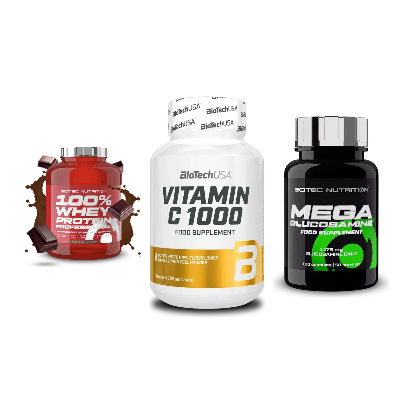 Regenerations-Set: Scitec 100% + BioTech Vitamin + Scitec Mega – alle enthaltenen Artikel