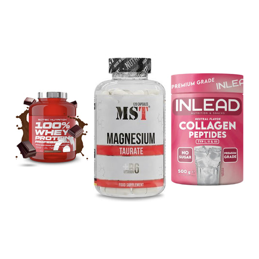 Regenerations-Set: Scitec 100% + MST Magnesium + INLEAD Collagen – alle enthaltenen Artikel
