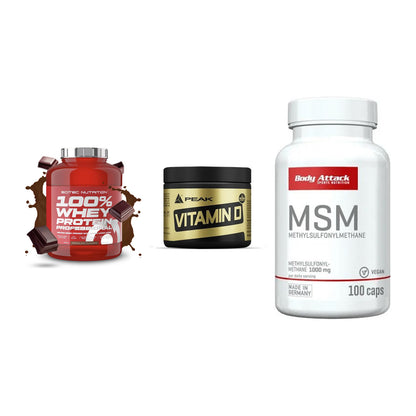 Regenerations-Set: Scitec 100% + Peak Vitamin D + Body Attack MSM – alle enthaltenen Artikel