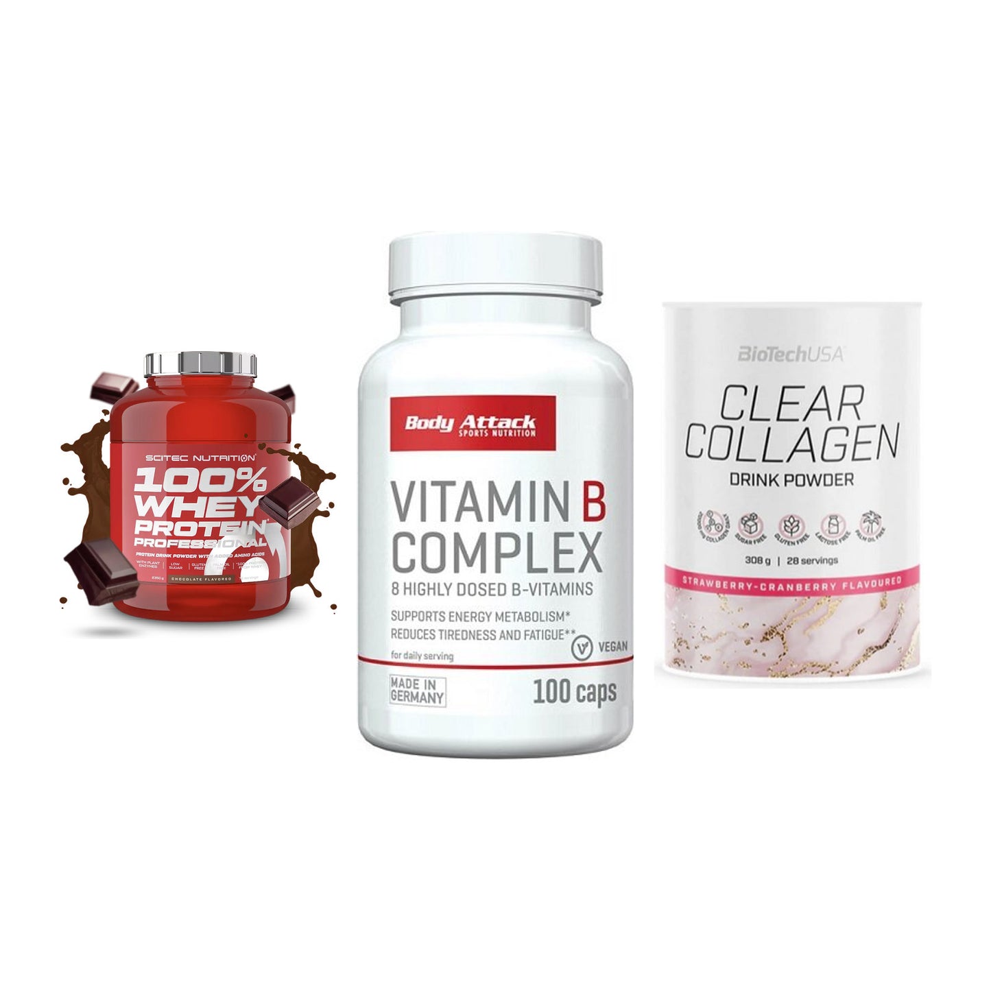 Regenerations-Set: Scitec 100% + Body Attack + BioTech Clear – alle enthaltenen Artikel