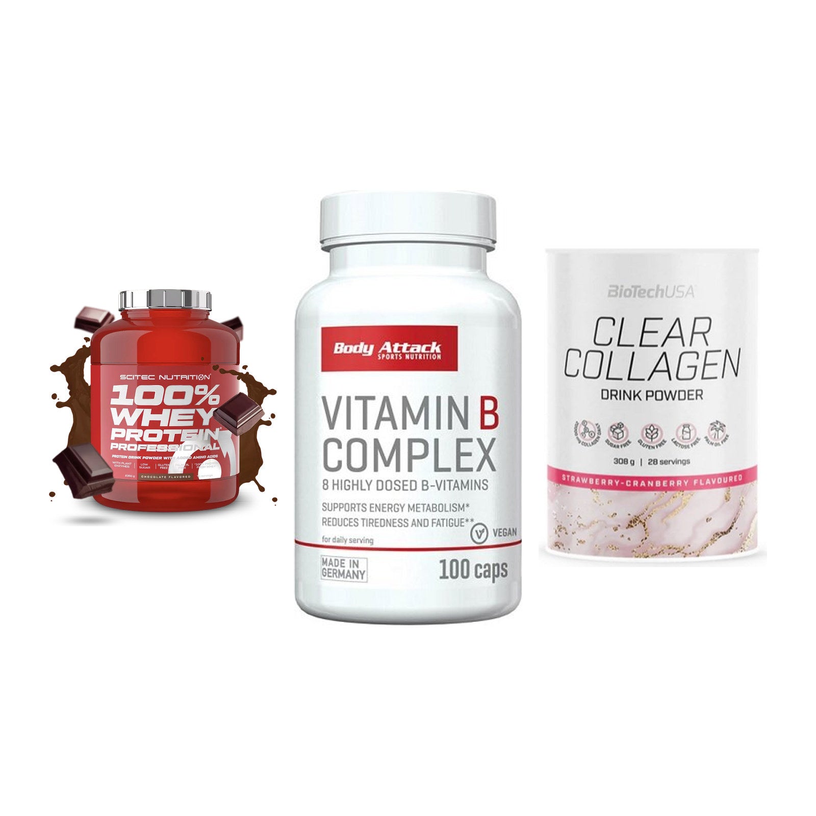 Regenerations-Set: Scitec 100% + Body Attack + BioTech Clear – alle enthaltenen Artikel