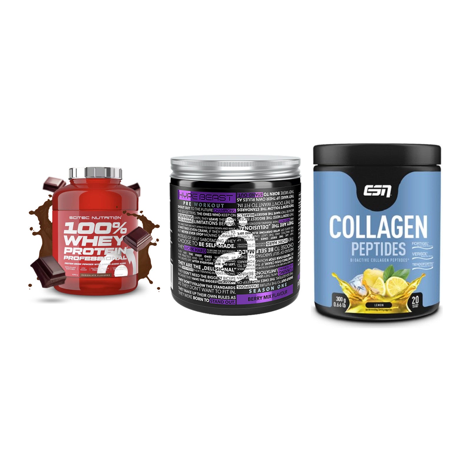 Regenerations-Set: Scitec 100% + Nanosupps Hype + ESN Collagen – alle enthaltenen Artikel