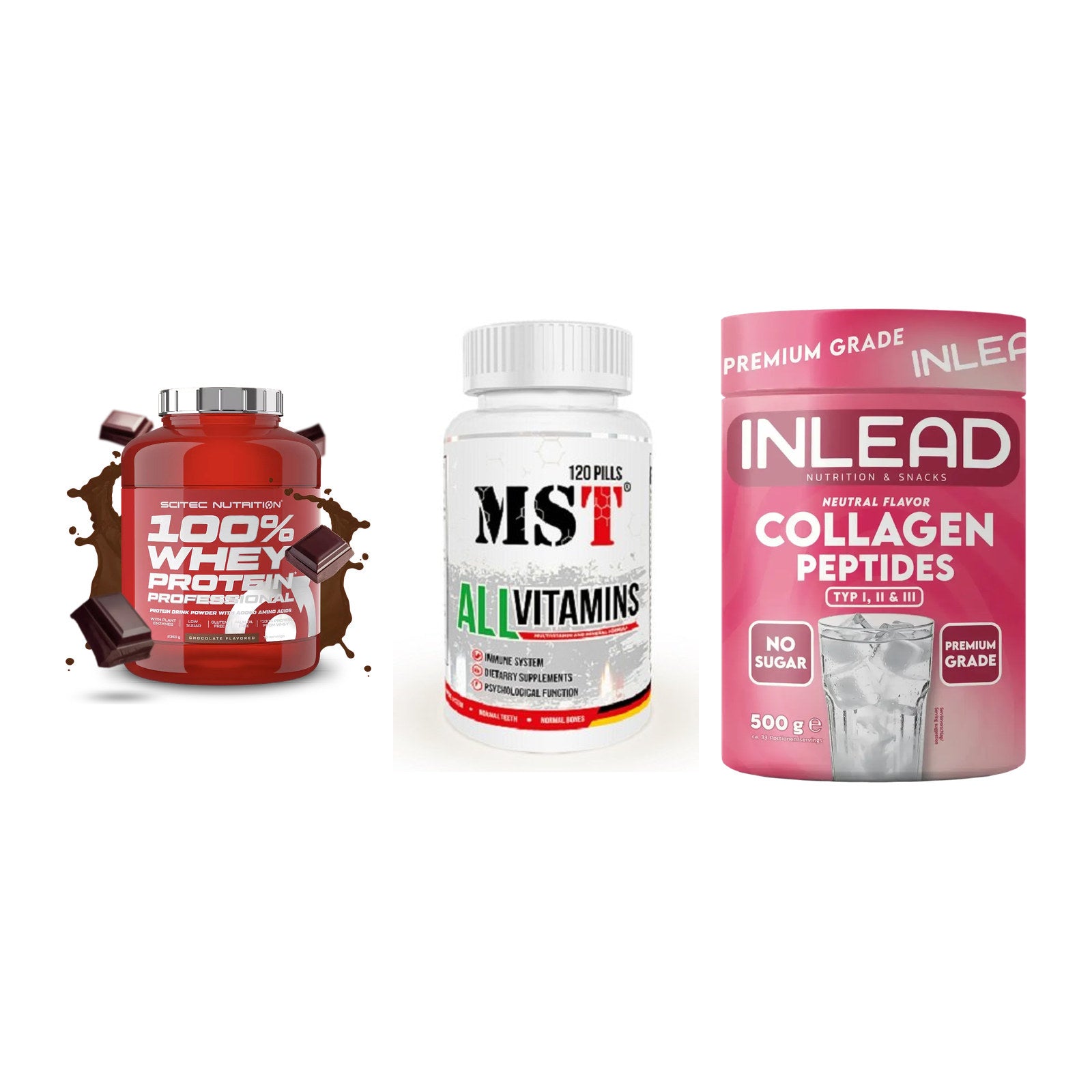 Regenerations-Set: Scitec 100% + MST All Vitamin + INLEAD Collagen – alle enthaltenen Artikel