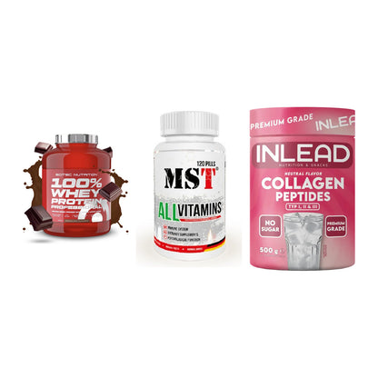 Regenerations-Set: Scitec 100% + MST All Vitamin + INLEAD Collagen – alle enthaltenen Artikel