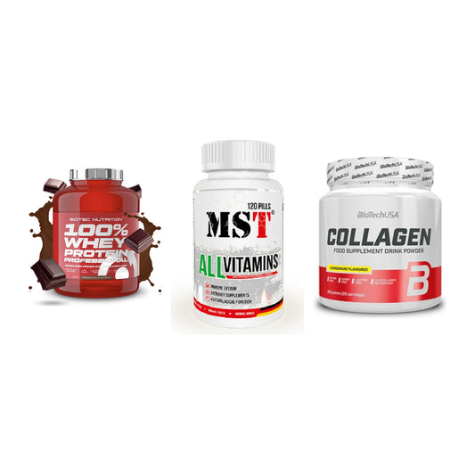 Regenerations-Set: Scitec 100% + MST All Vitamin + BioTech Collage – alle enthaltenen Artikel