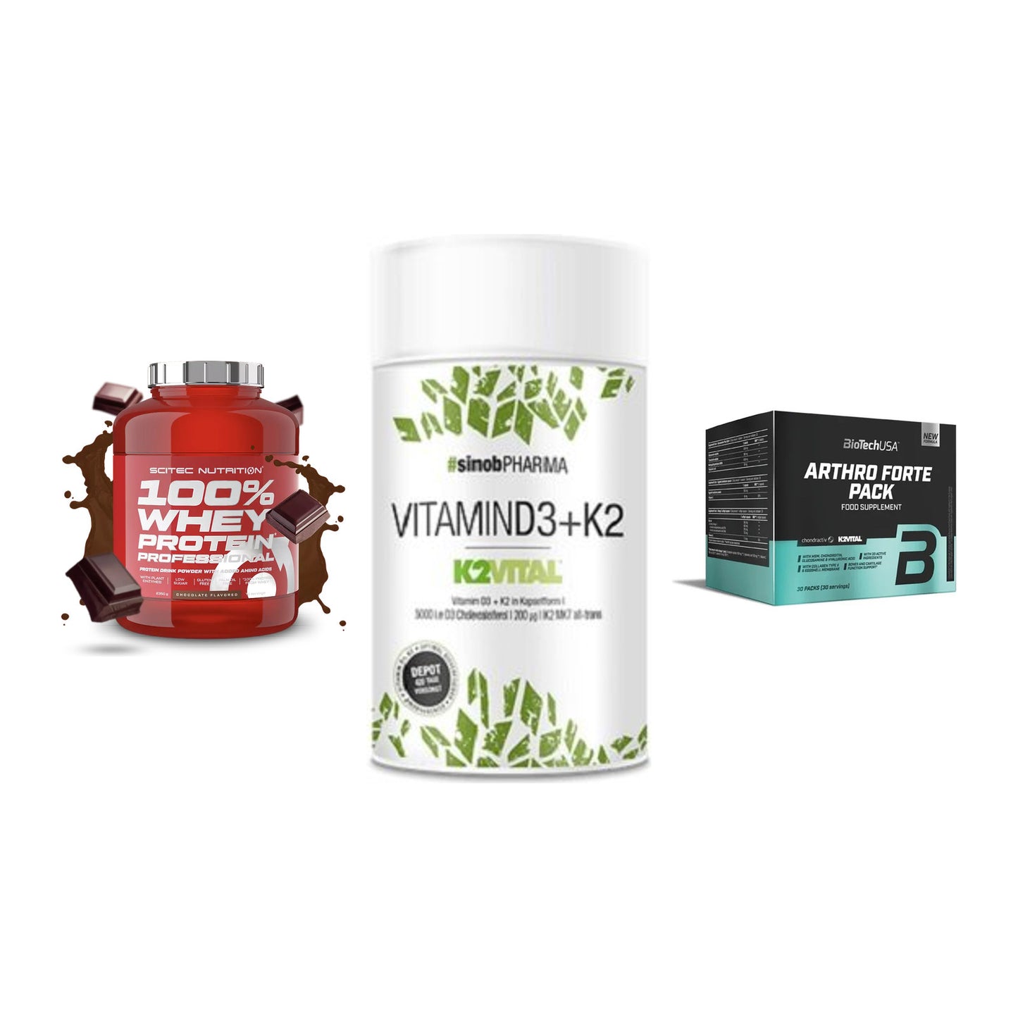 Regenerations-Set: Scitec 100% + Sinob Vitamin + BioTech Arthro – alle enthaltenen Artikel