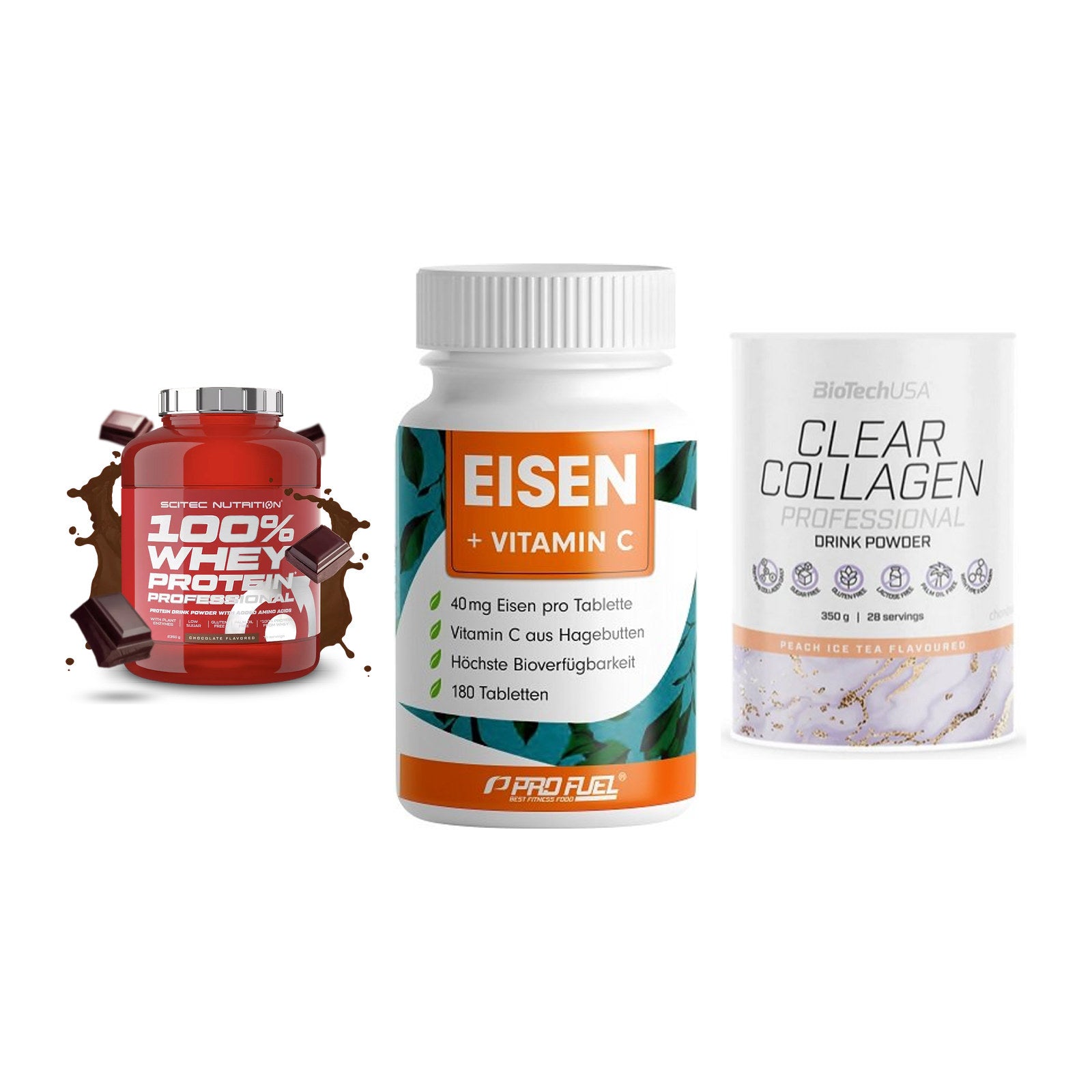Regenerations-Set: Scitec 100% + ProFuel EISEN + BioTech Clear – alle enthaltenen Artikel