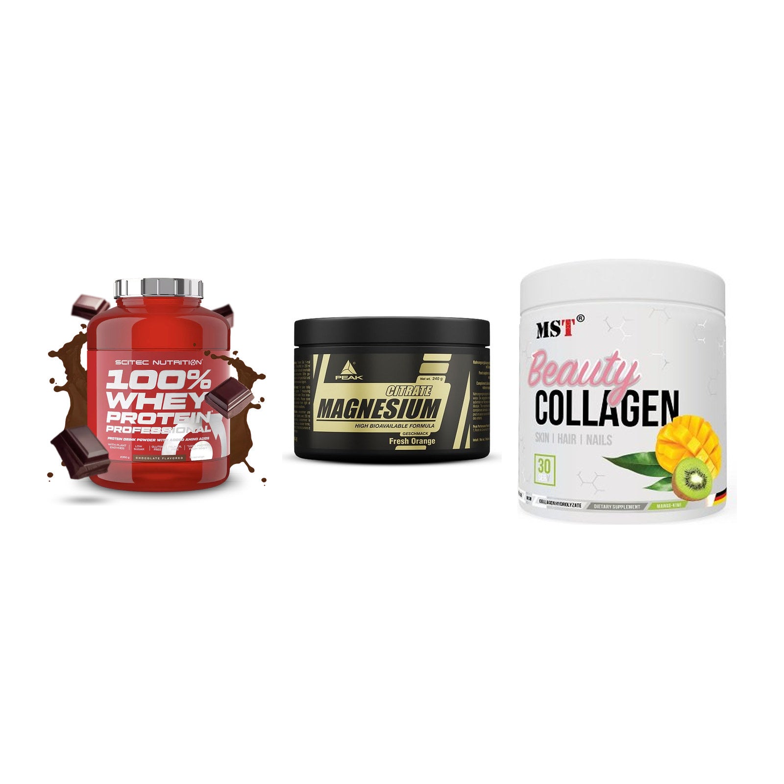 Regenerations-Set: Scitec 100% + Peak Magnesium + MST Beauty – alle enthaltenen Artikel
