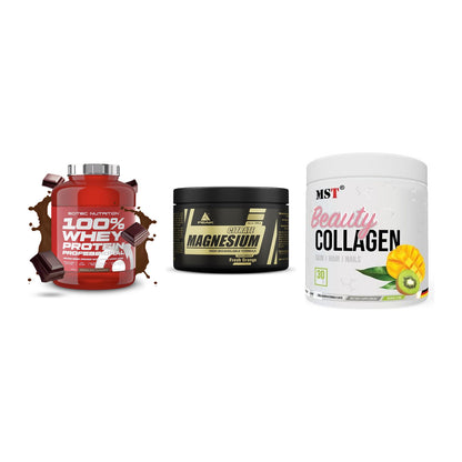 Regenerations-Set: Scitec 100% + Peak Magnesium + MST Beauty – alle enthaltenen Artikel
