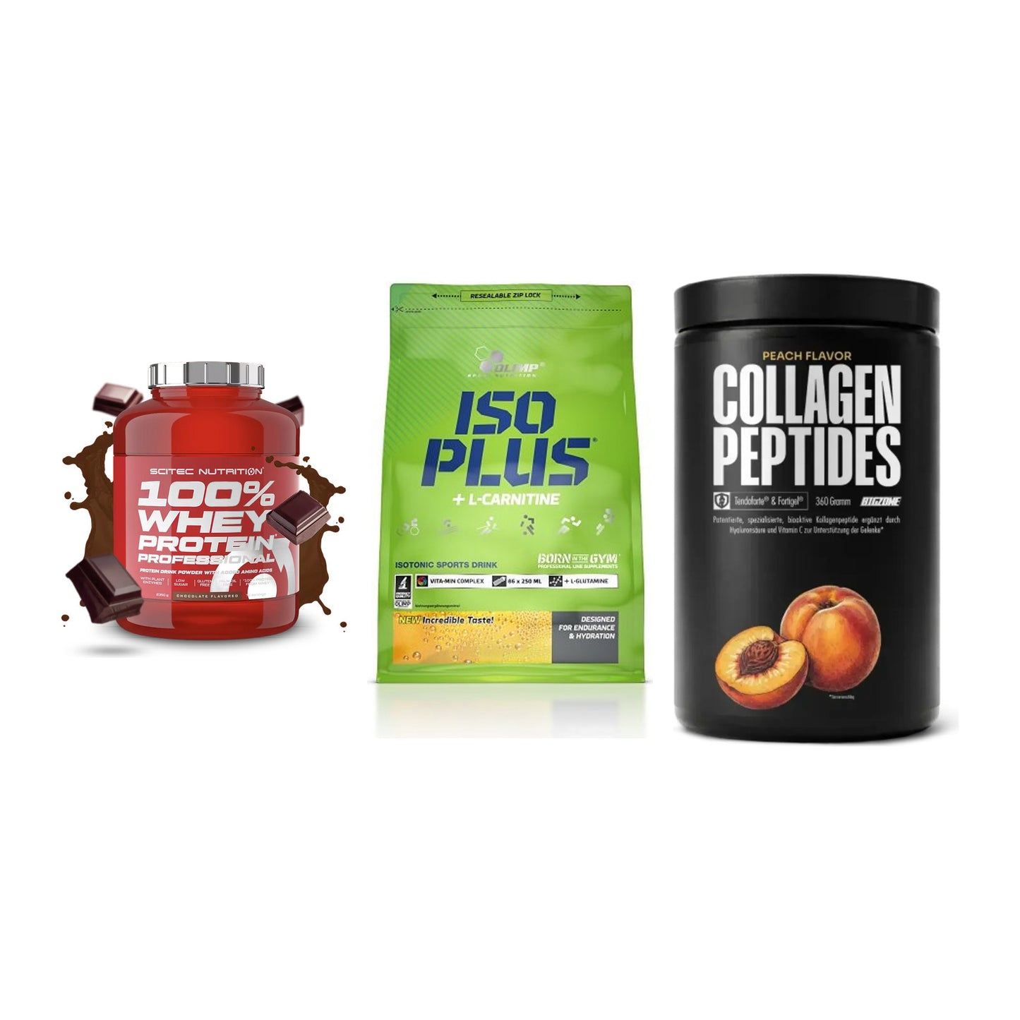 Regenerations-Set: Scitec 100% + Olimp Iso Plus + Big Zone – alle enthaltenen Artikel