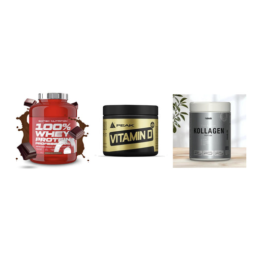 Regenerations-Set: Scitec 100% + Peak Vitamin D + Sinob Kollagen – alle enthaltenen Artikel
