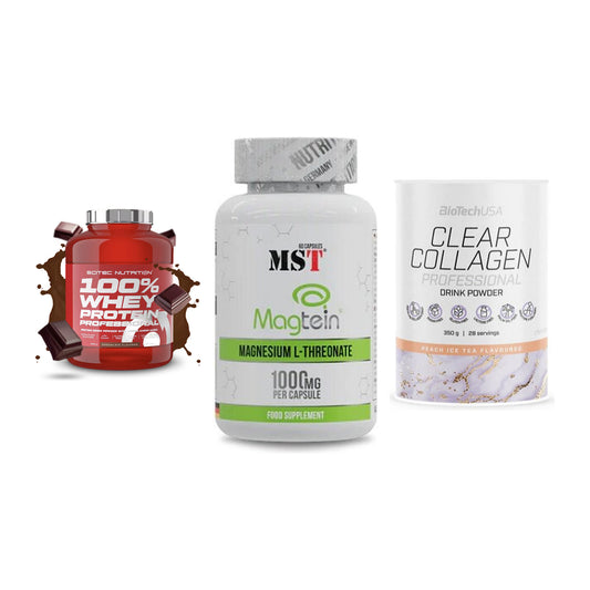 Regenerations-Set: Scitec 100% + MST Magnesium + BioTech Clear – alle enthaltenen Artikel