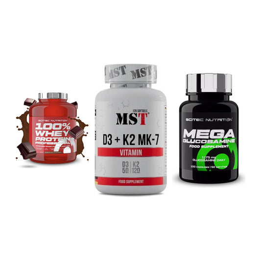 Regenerations-Set: Scitec 100% + MST Vitamin D3 + Scitec Mega – alle enthaltenen Artikel