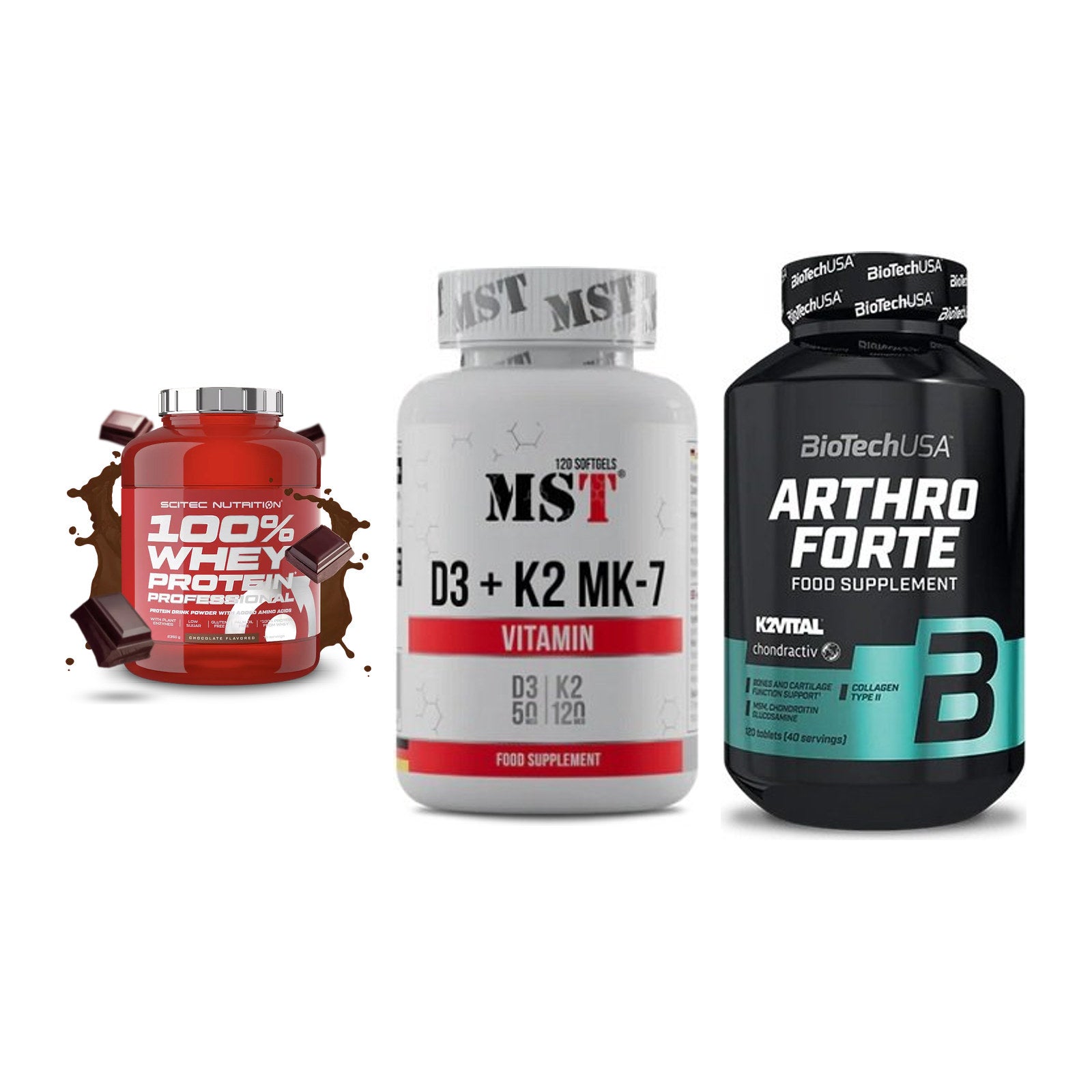 Regenerations-Set: Scitec 100% + MST Vitamin D3 + BioTech Arthro – alle enthaltenen Artikel