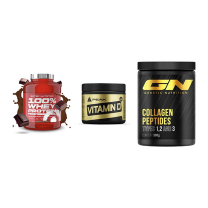 Regenerations-Set: Scitec 100% + Peak Vitamin D + GN Peptan – alle enthaltenen Artikel