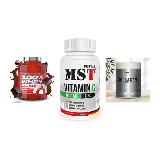 Regenerations-Set: Scitec 100% + MST Vitamin C + Sinob Kollagen – alle enthaltenen Artikel