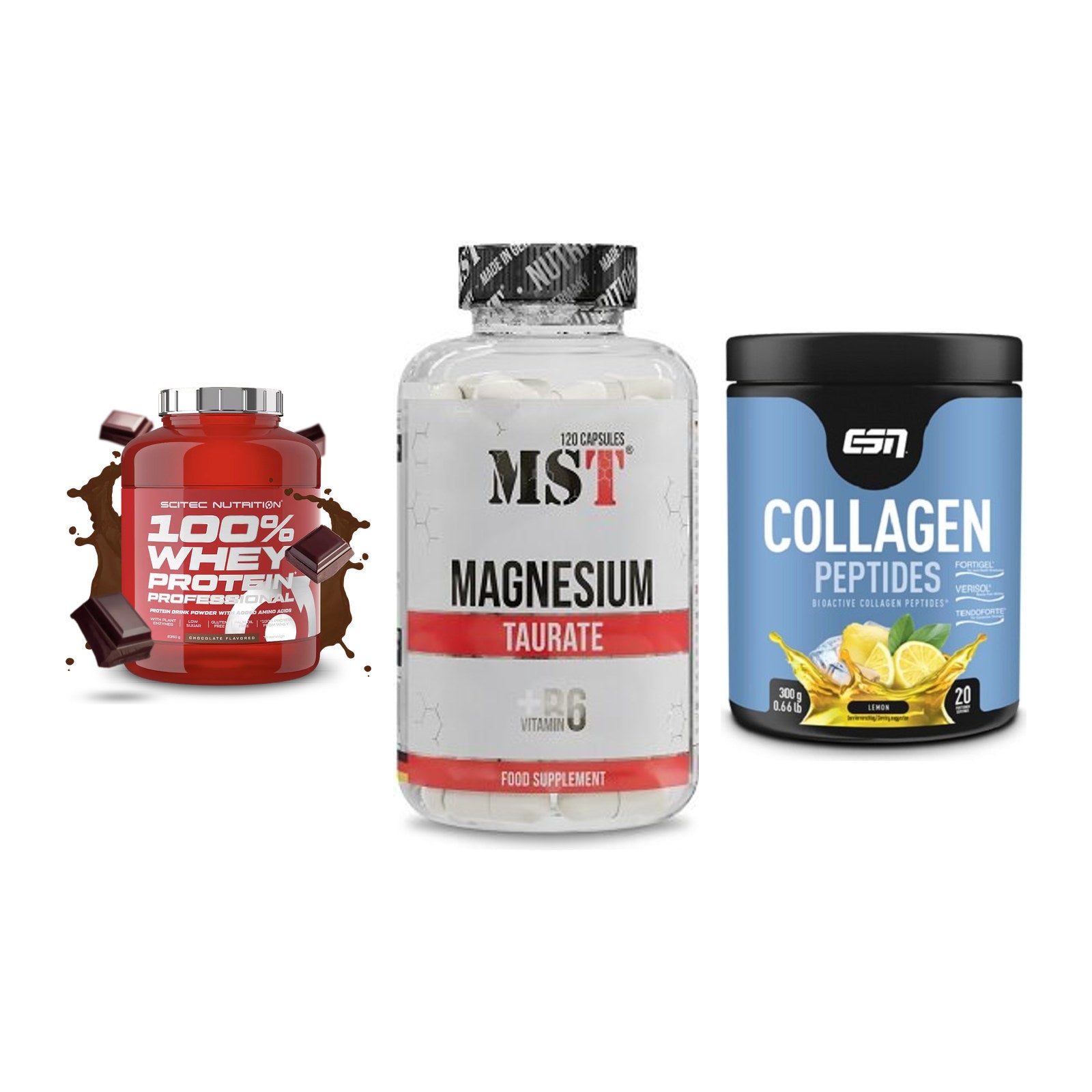 Regenerations-Set: Scitec 100% + MST Magnesium + ESN Collagen – alle enthaltenen Artikel