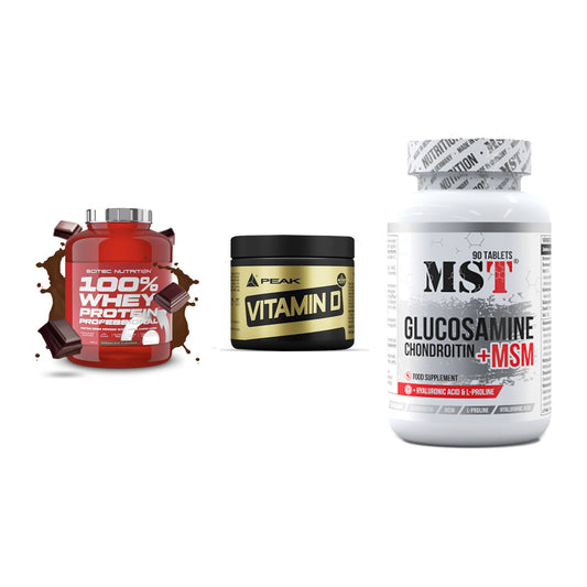Regenerations-Set: Scitec 100% + Peak Vitamin D + MST Glucosamine – alle enthaltenen Artikel