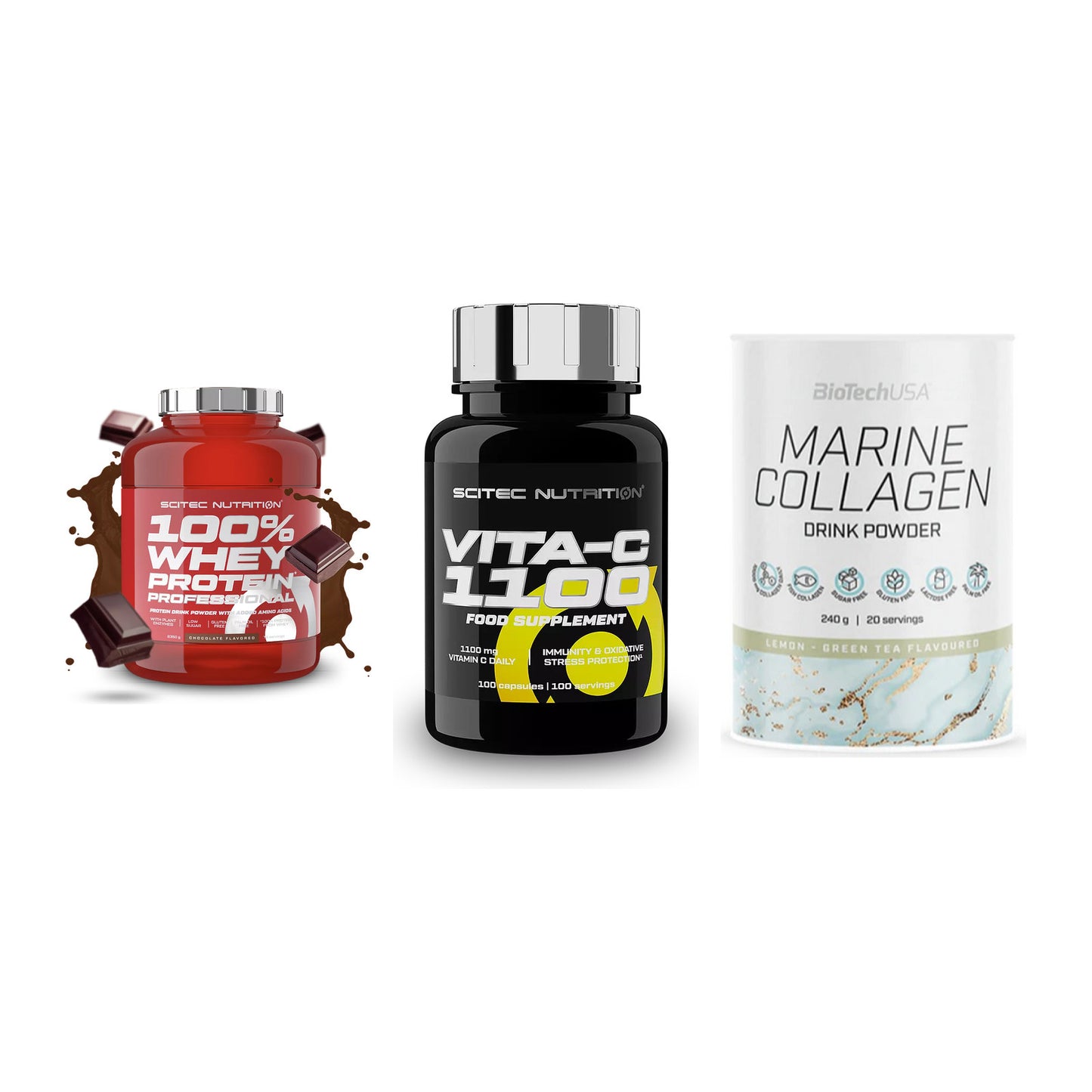 Regenerations-Set: Scitec 100% + Scitec Vitamin + BioTech Marine – alle enthaltenen Artikel