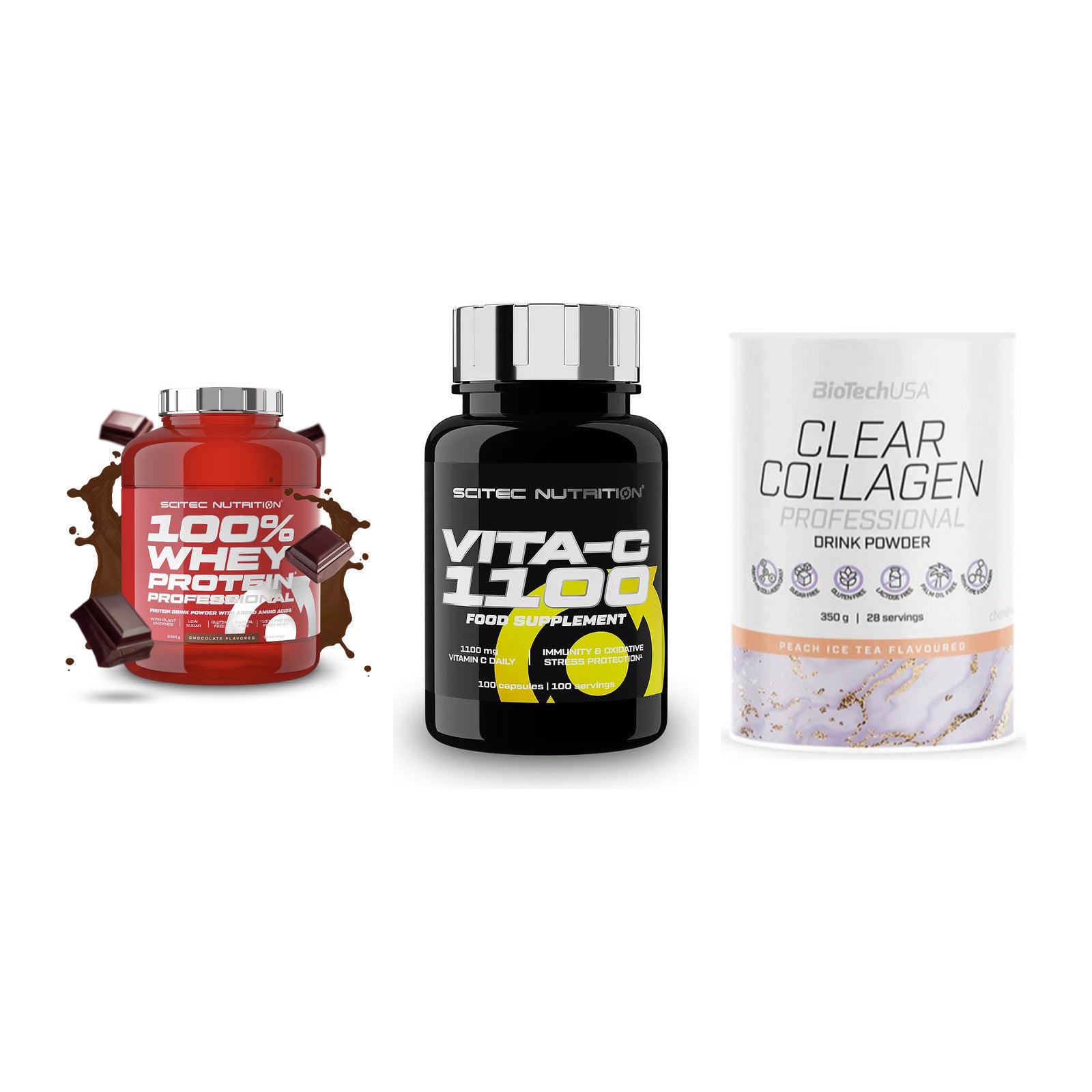 Regenerations-Set: Scitec 100% + Scitec Vitamin + BioTech Clear – alle enthaltenen Artikel