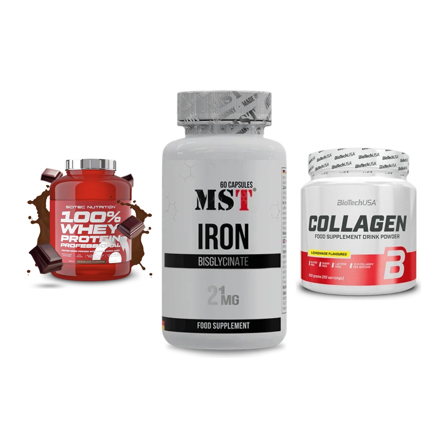 Regenerations-Set: Scitec 100% + MST Iron + BioTech Collage – alle enthaltenen Artikel