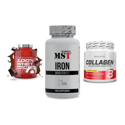 Regenerations-Set: Scitec 100% + MST Iron + BioTech Collage – alle enthaltenen Artikel