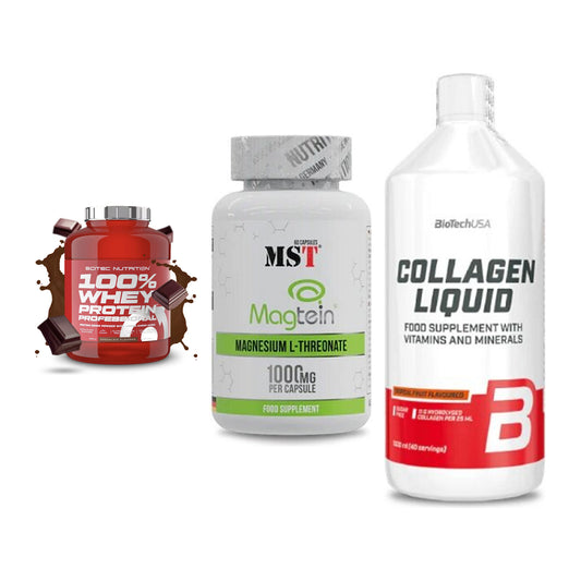Regenerations-Set: Scitec 100% + MST Magnesium + BioTech Collage – alle enthaltenen Artikel