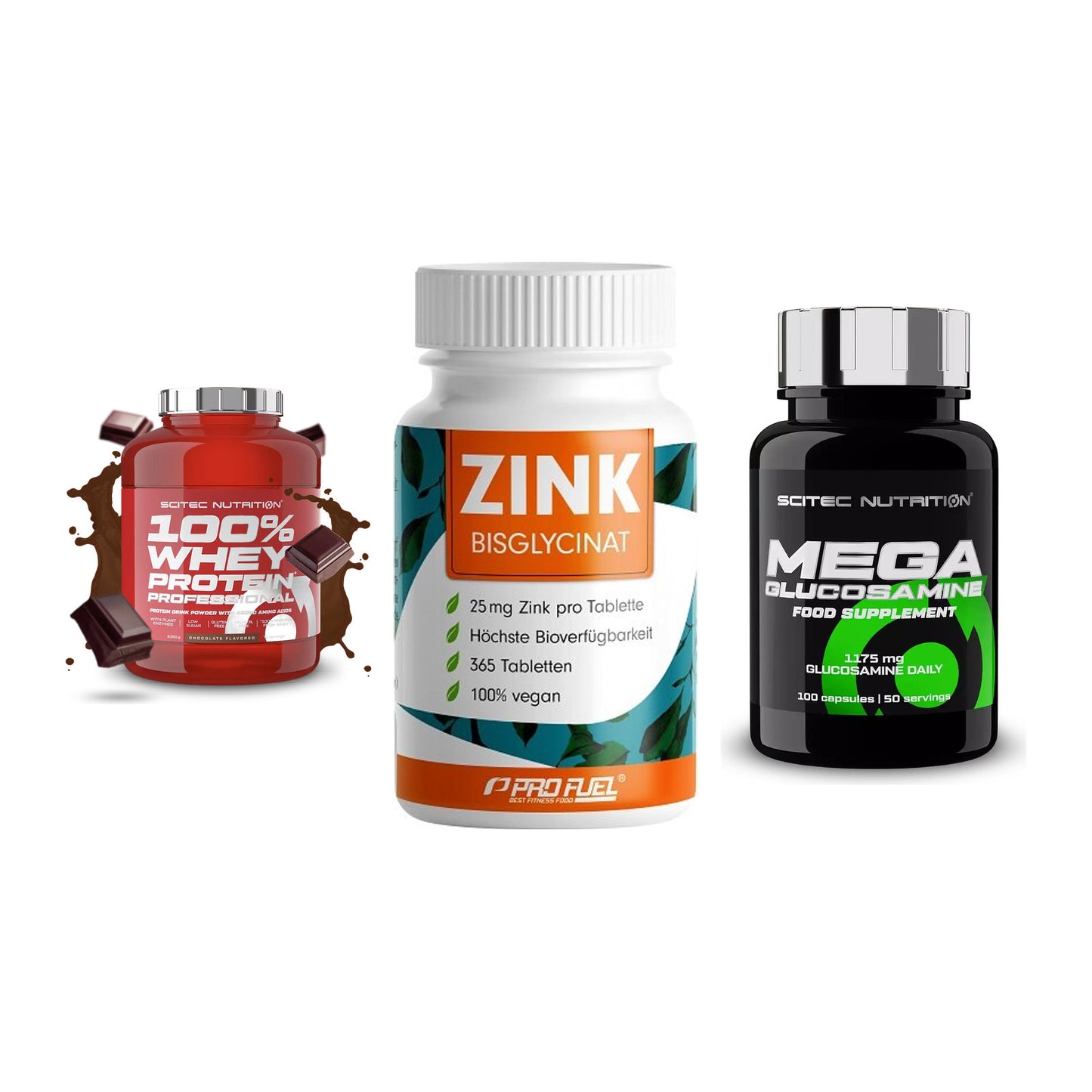 Regenerations-Set: Scitec 100% + ProFuel Zink + Scitec Mega – alle enthaltenen Artikel