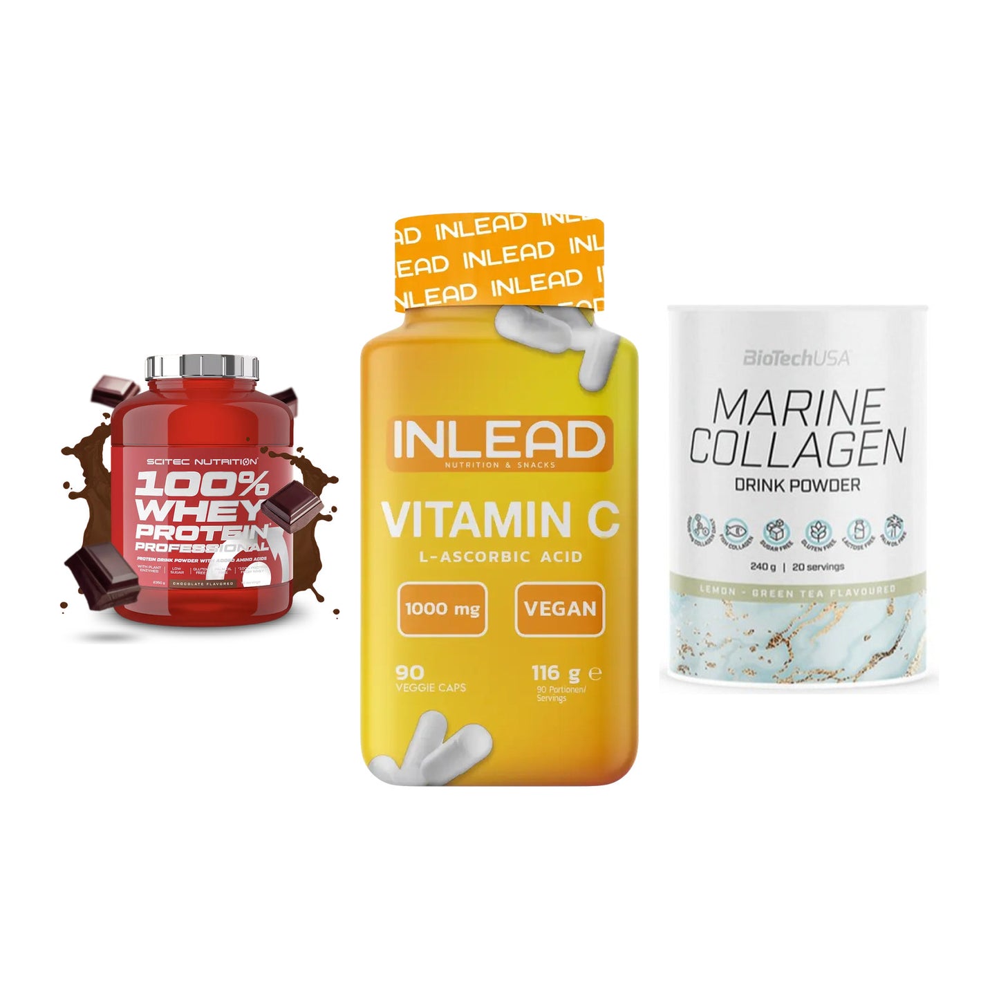 Regenerations-Set: Scitec 100% + INLEAD Vitamin + BioTech Marine – alle enthaltenen Artikel