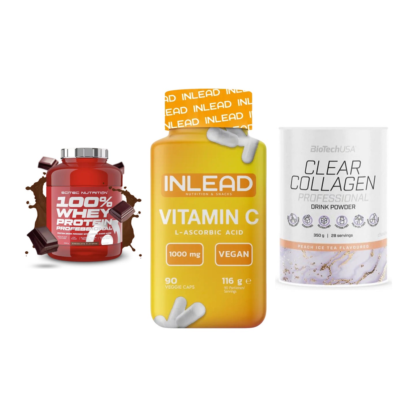 Regenerations-Set: Scitec 100% + INLEAD Vitamin + BioTech Clear – alle enthaltenen Artikel