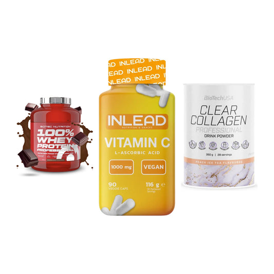 Regenerations-Set: Scitec 100% + INLEAD Vitamin + BioTech Clear – alle enthaltenen Artikel